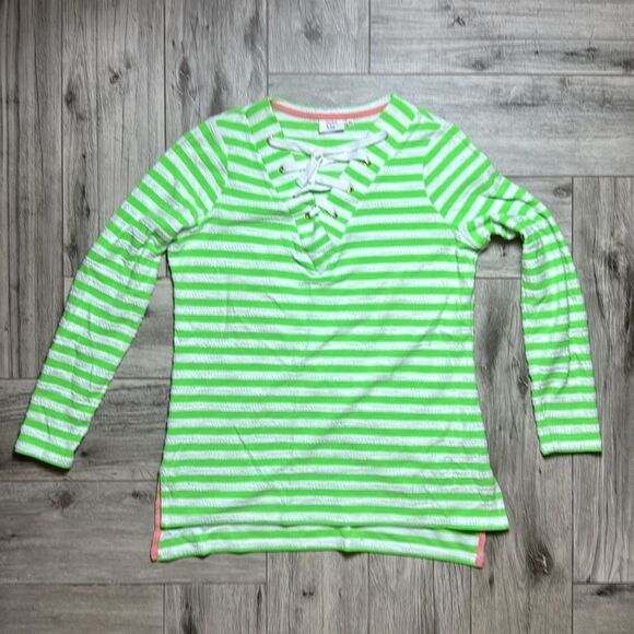 crown & ivy Tops - Crown & Ivy Beach Striped Lace Up Knit Pullover Blouse in Green & White XS